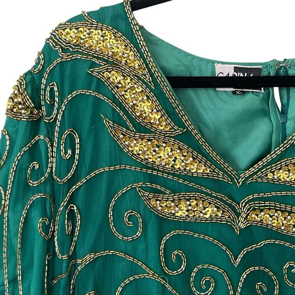 Carina Vintage Silk Top Tunic Women’s XL Beading Sequins Pearls Scalloped Trim - Picture 7 of 9